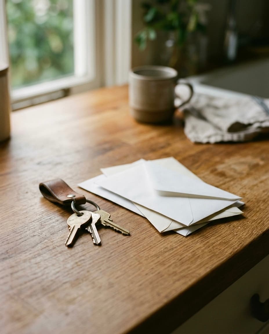 House keys and mail on a sunlit kitchen counter