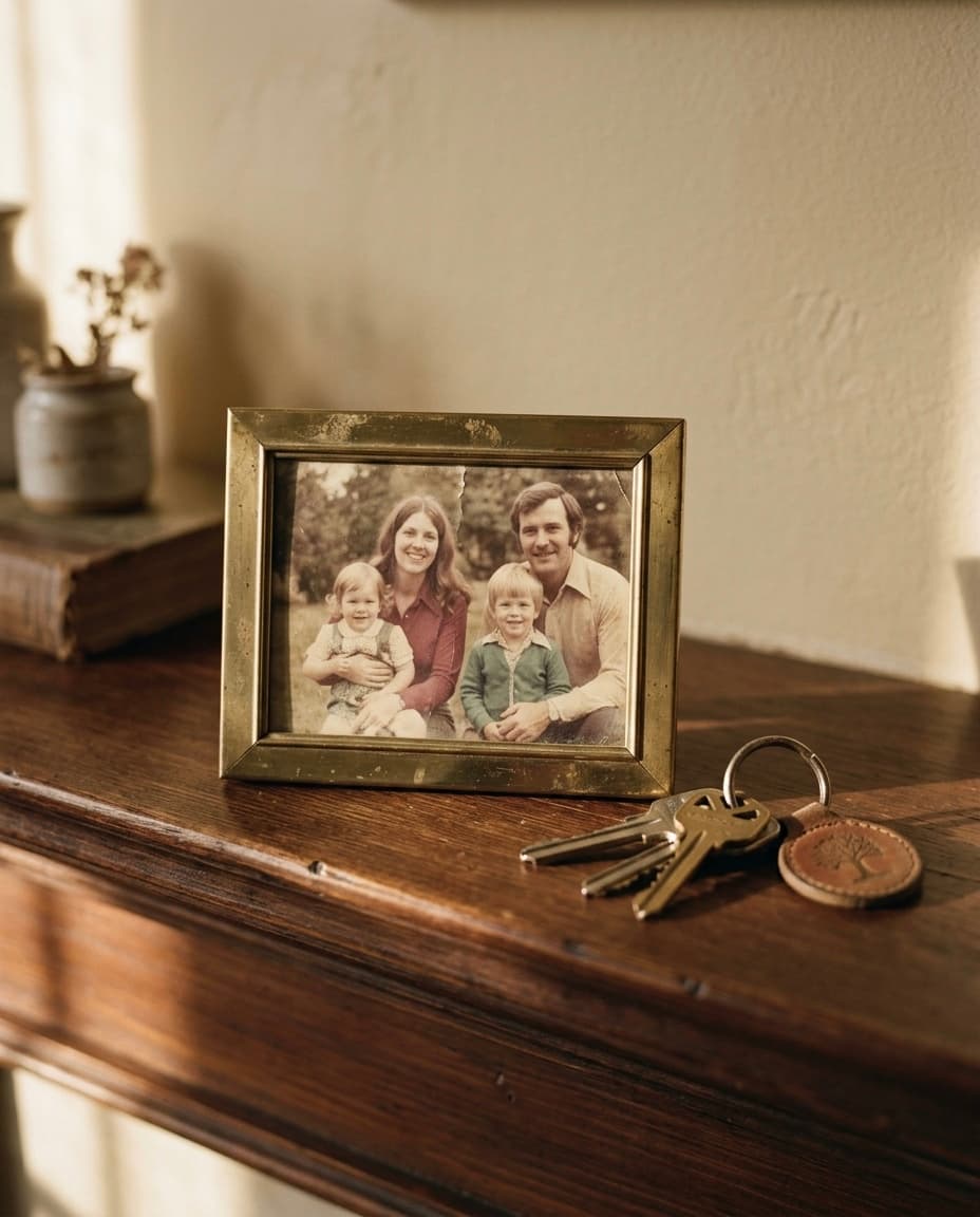 A vintage family photo framed on a mantel beside house keys