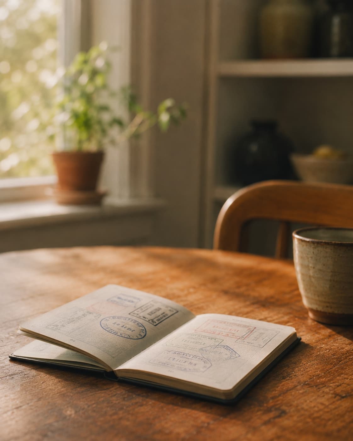 An open passport on a kitchen table in morning light