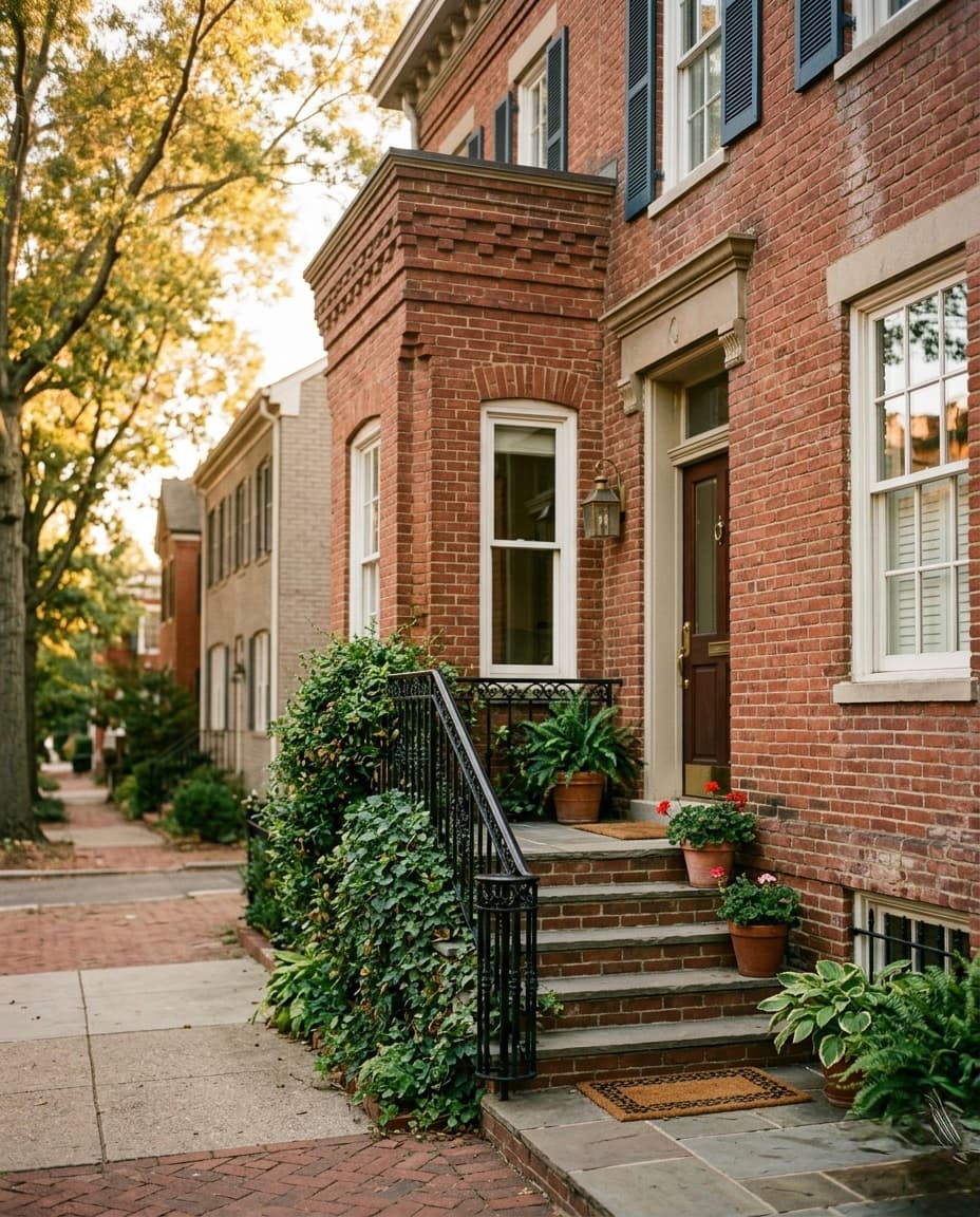 A classic brick rowhome in Arlington at golden hour